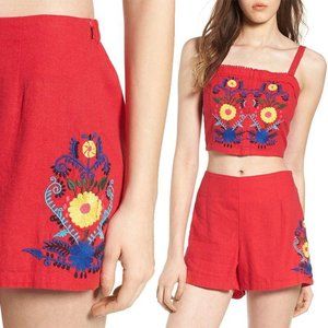 BP. Embroidered Festival Boho Red Linen Blend Shorts‎ Sz S